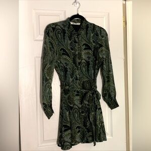 Zara Belted Shirt Small Dress Women’s Green Cream Paisley Print Button Up EUC